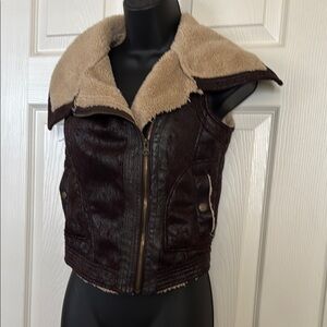 Bar III Brown Faux Leather Vest with Shearling Collar XS